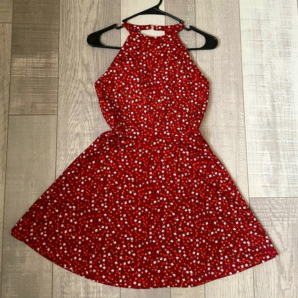 Girl’s red causal dress with floral print